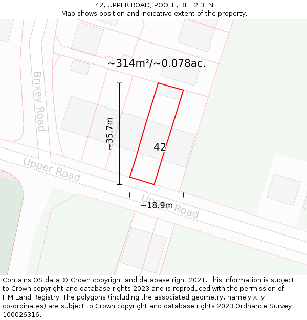 42, UPPER ROAD, POOLE, BH12 3EN: Plot and title map