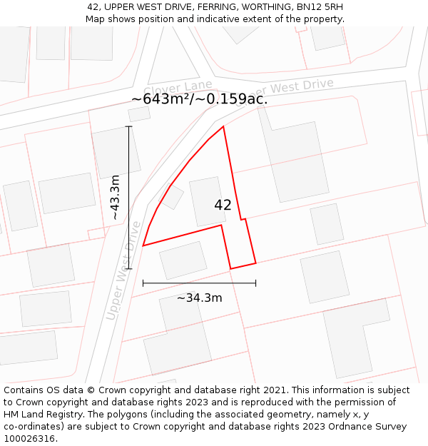 42, UPPER WEST DRIVE, FERRING, WORTHING, BN12 5RH: Plot and title map