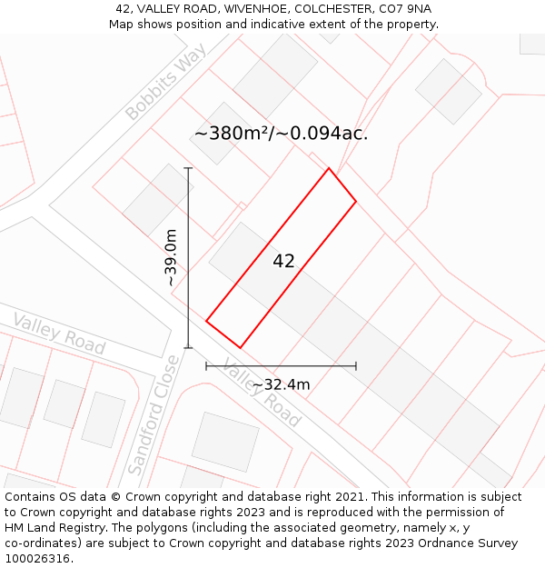 42, VALLEY ROAD, WIVENHOE, COLCHESTER, CO7 9NA: Plot and title map