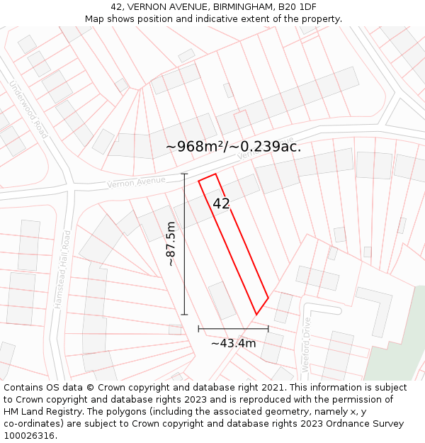 42, VERNON AVENUE, BIRMINGHAM, B20 1DF: Plot and title map