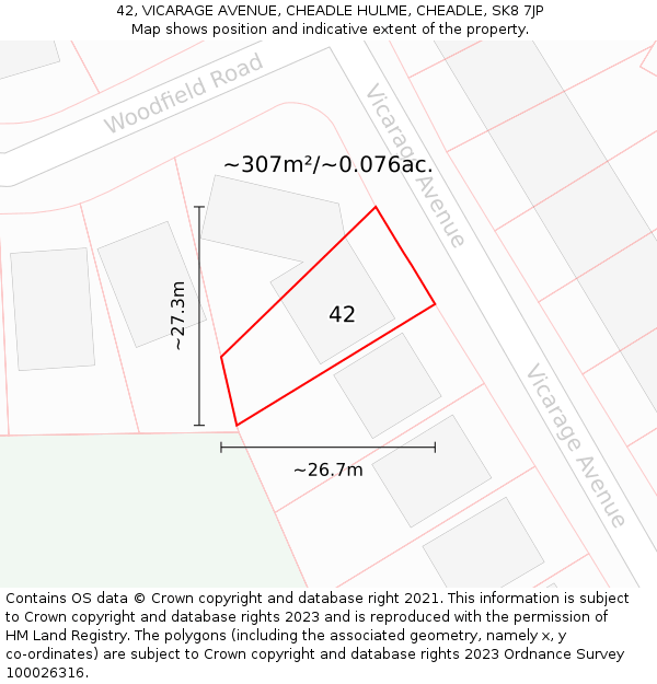 42, VICARAGE AVENUE, CHEADLE HULME, CHEADLE, SK8 7JP: Plot and title map
