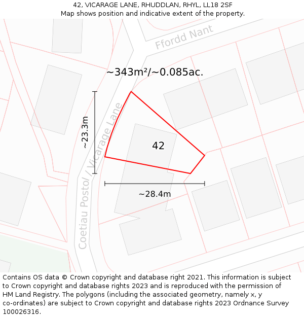 42, VICARAGE LANE, RHUDDLAN, RHYL, LL18 2SF: Plot and title map