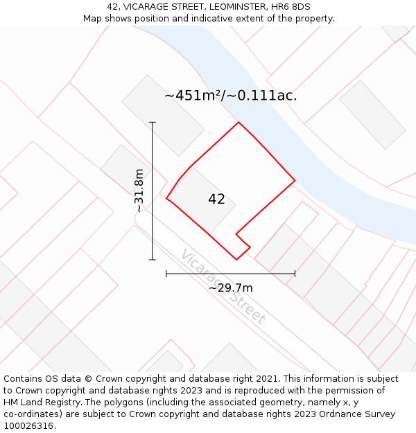 42, VICARAGE STREET, LEOMINSTER, HR6 8DS: Plot and title map