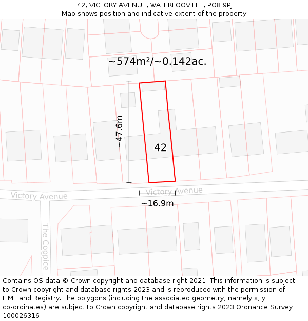 42, VICTORY AVENUE, WATERLOOVILLE, PO8 9PJ: Plot and title map