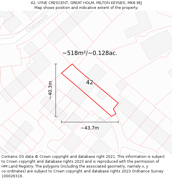 42, VYNE CRESCENT, GREAT HOLM, MILTON KEYNES, MK8 9EJ: Plot and title map