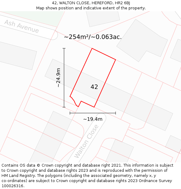 42, WALTON CLOSE, HEREFORD, HR2 6BJ: Plot and title map