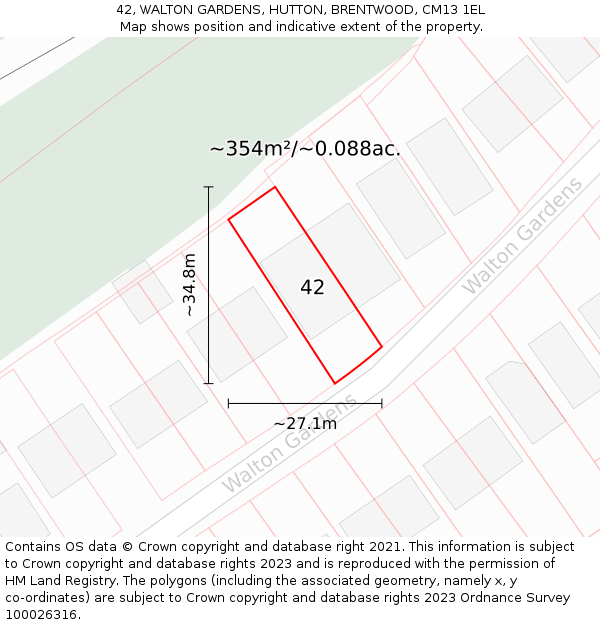 42, WALTON GARDENS, HUTTON, BRENTWOOD, CM13 1EL: Plot and title map