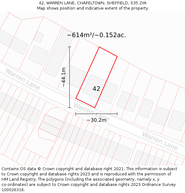 42, WARREN LANE, CHAPELTOWN, SHEFFIELD, S35 2YA: Plot and title map