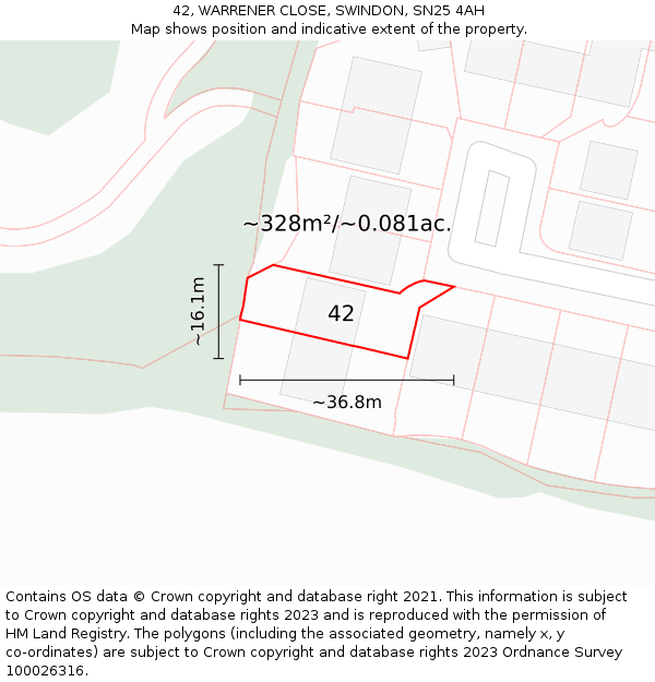 42, WARRENER CLOSE, SWINDON, SN25 4AH: Plot and title map