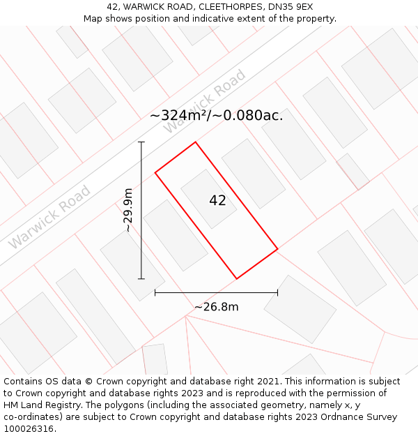 42, WARWICK ROAD, CLEETHORPES, DN35 9EX: Plot and title map