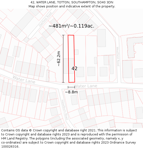 42, WATER LANE, TOTTON, SOUTHAMPTON, SO40 3DN: Plot and title map