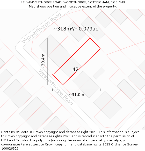 42, WEAVERTHORPE ROAD, WOODTHORPE, NOTTINGHAM, NG5 4NB: Plot and title map