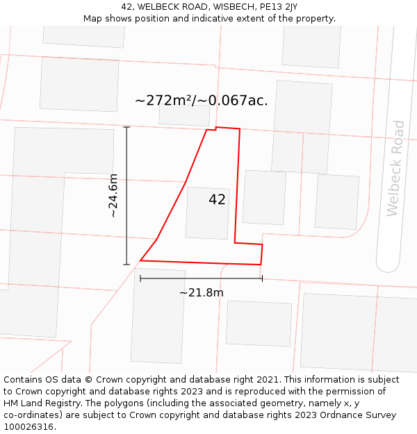 42, WELBECK ROAD, WISBECH, PE13 2JY: Plot and title map