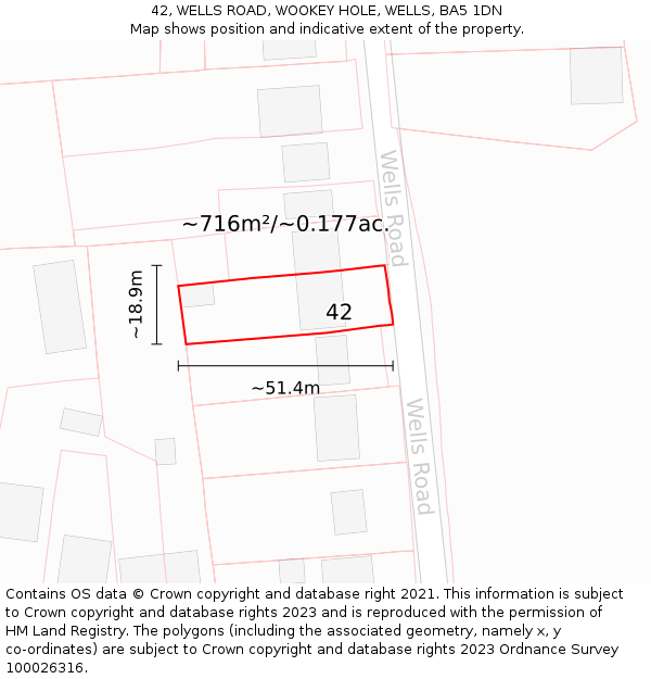 42, WELLS ROAD, WOOKEY HOLE, WELLS, BA5 1DN: Plot and title map