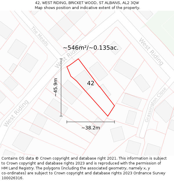 42, WEST RIDING, BRICKET WOOD, ST ALBANS, AL2 3QW: Plot and title map