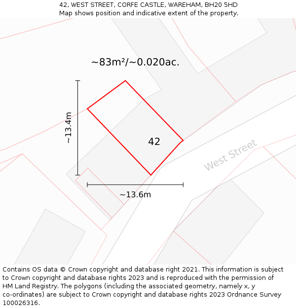 42, WEST STREET, CORFE CASTLE, WAREHAM, BH20 5HD: Plot and title map