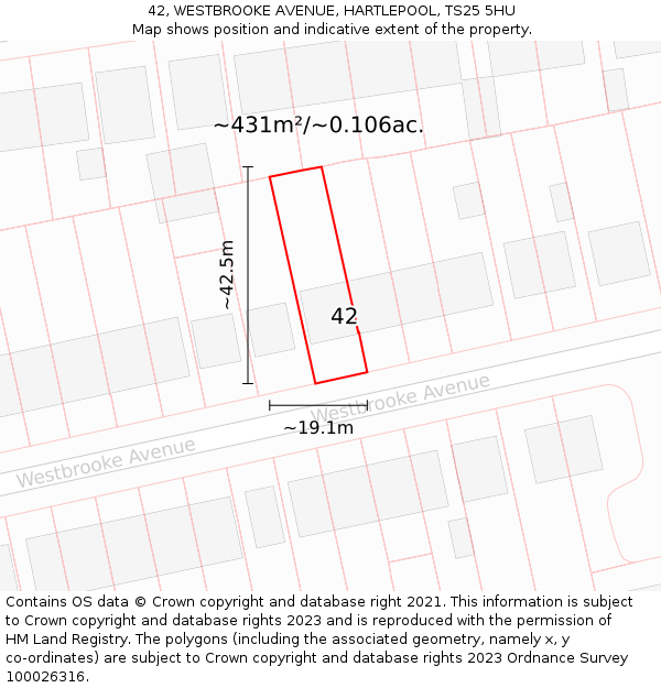 42, WESTBROOKE AVENUE, HARTLEPOOL, TS25 5HU: Plot and title map
