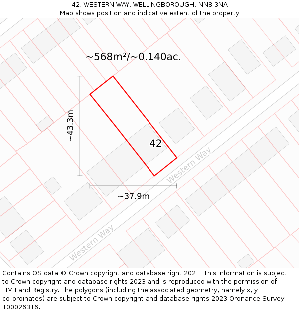 42, WESTERN WAY, WELLINGBOROUGH, NN8 3NA: Plot and title map