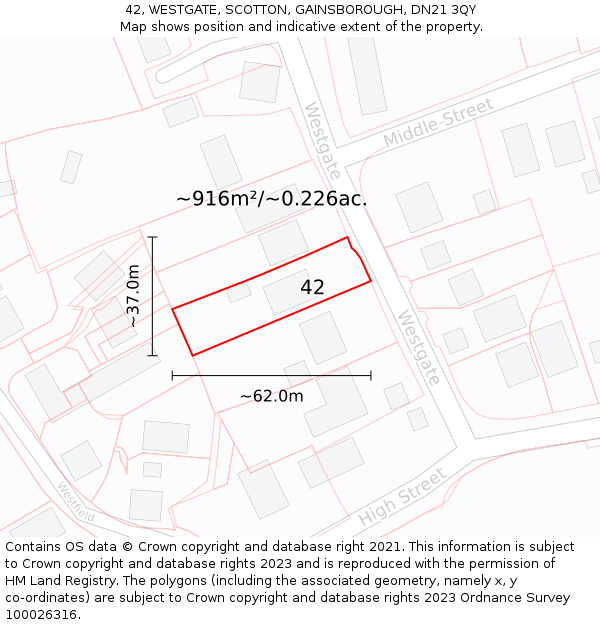 42, WESTGATE, SCOTTON, GAINSBOROUGH, DN21 3QY: Plot and title map