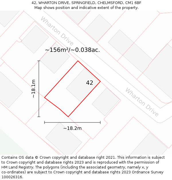 42, WHARTON DRIVE, SPRINGFIELD, CHELMSFORD, CM1 6BF: Plot and title map