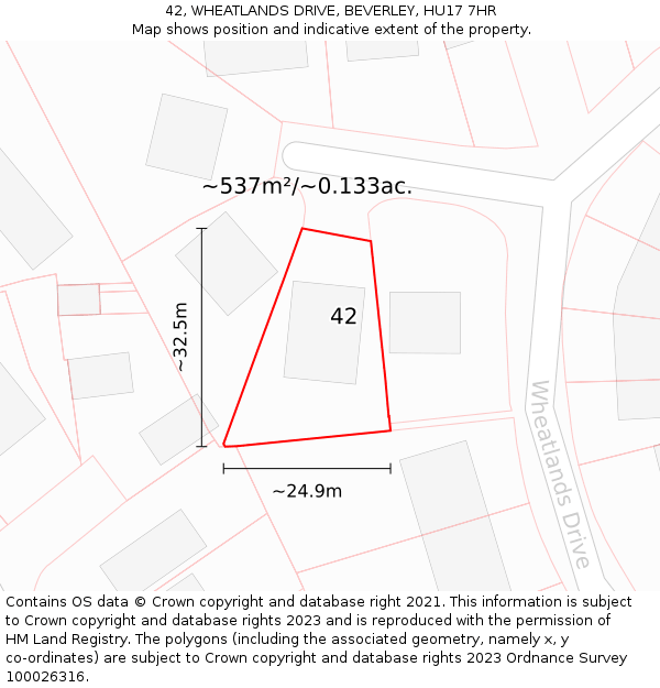 42, WHEATLANDS DRIVE, BEVERLEY, HU17 7HR: Plot and title map