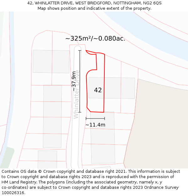 42, WHINLATTER DRIVE, WEST BRIDGFORD, NOTTINGHAM, NG2 6QS: Plot and title map