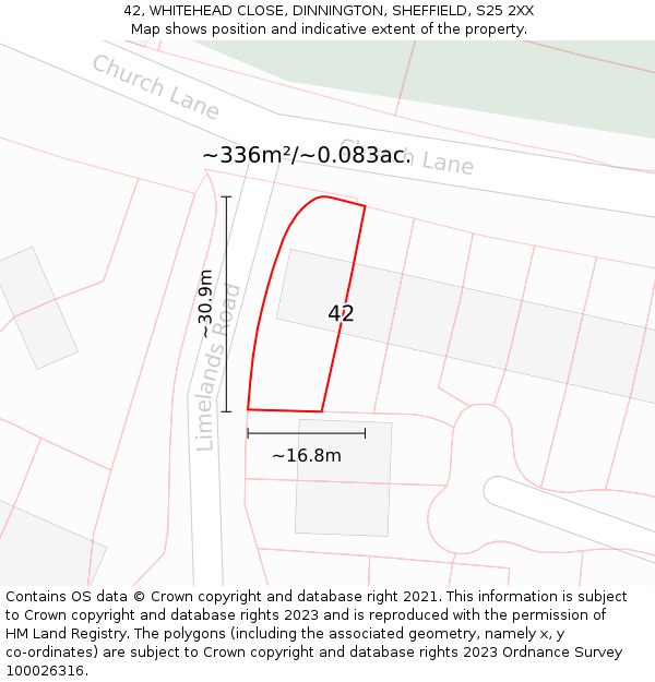 42, WHITEHEAD CLOSE, DINNINGTON, SHEFFIELD, S25 2XX: Plot and title map