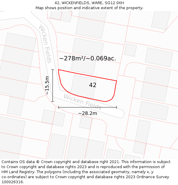 42, WICKENFIELDS, WARE, SG12 0XH: Plot and title map