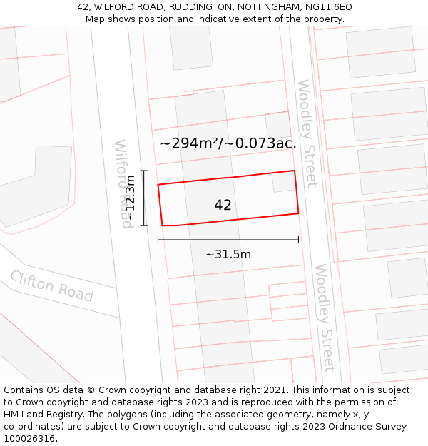 42, WILFORD ROAD, RUDDINGTON, NOTTINGHAM, NG11 6EQ: Plot and title map