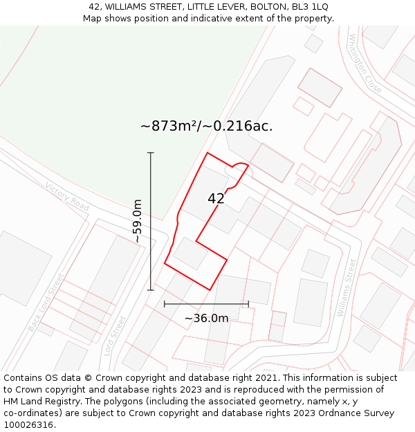 42, WILLIAMS STREET, LITTLE LEVER, BOLTON, BL3 1LQ: Plot and title map