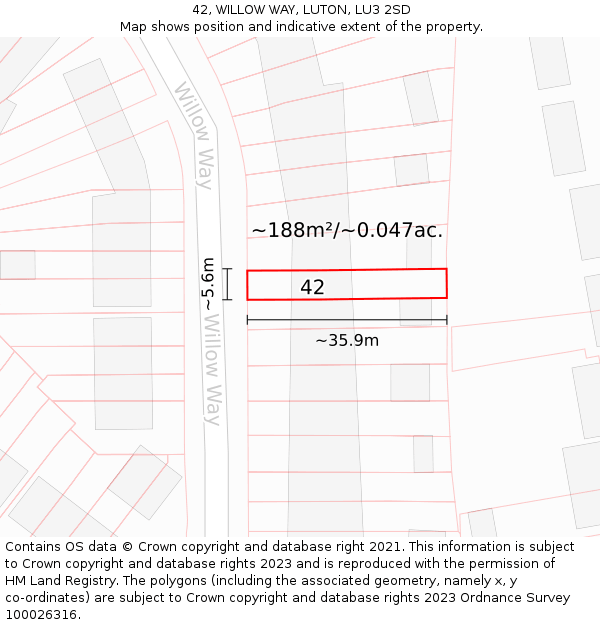 42, WILLOW WAY, LUTON, LU3 2SD: Plot and title map