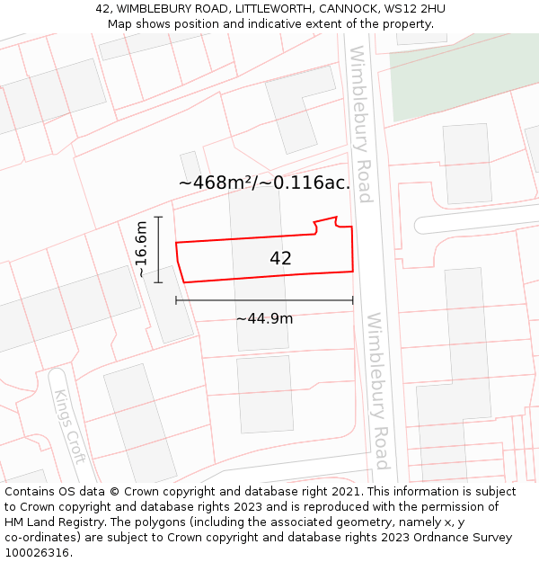 42, WIMBLEBURY ROAD, LITTLEWORTH, CANNOCK, WS12 2HU: Plot and title map