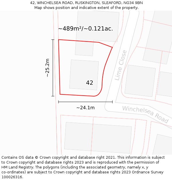 42, WINCHELSEA ROAD, RUSKINGTON, SLEAFORD, NG34 9BN: Plot and title map