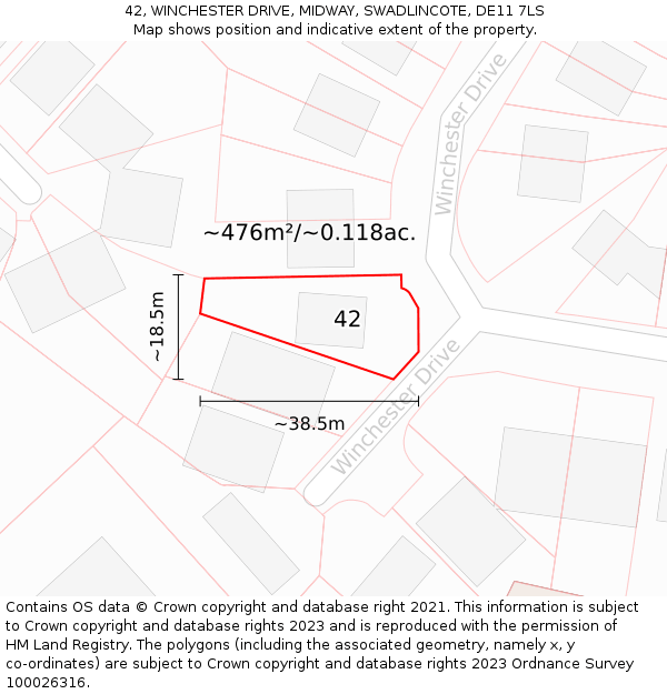 42, WINCHESTER DRIVE, MIDWAY, SWADLINCOTE, DE11 7LS: Plot and title map