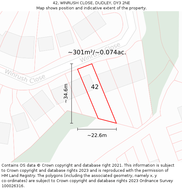 42, WINRUSH CLOSE, DUDLEY, DY3 2NE: Plot and title map