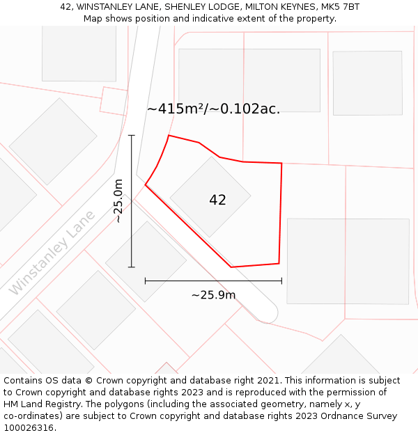 42, WINSTANLEY LANE, SHENLEY LODGE, MILTON KEYNES, MK5 7BT: Plot and title map