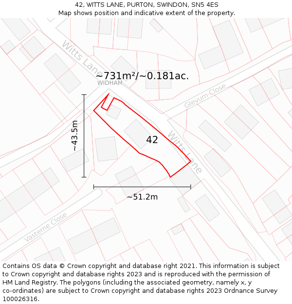 42, WITTS LANE, PURTON, SWINDON, SN5 4ES: Plot and title map