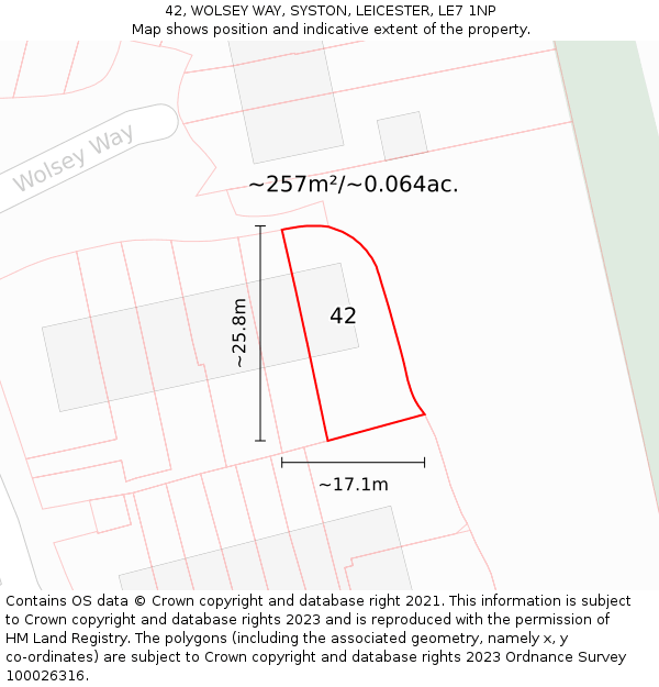 42, WOLSEY WAY, SYSTON, LEICESTER, LE7 1NP: Plot and title map