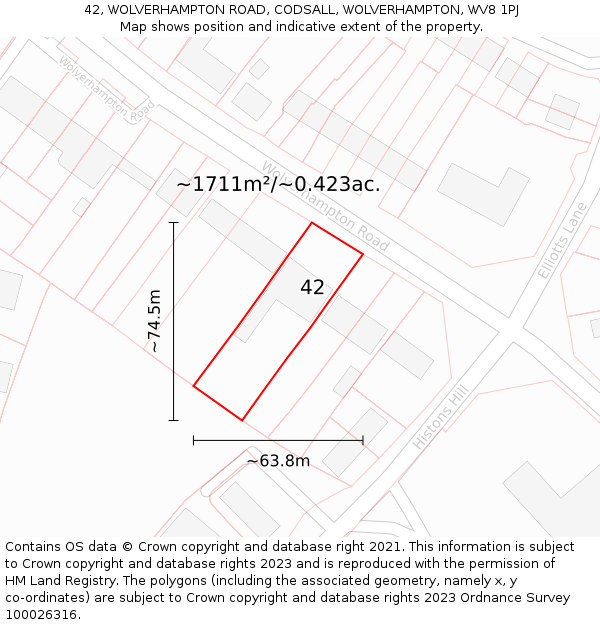 42, WOLVERHAMPTON ROAD, CODSALL, WOLVERHAMPTON, WV8 1PJ: Plot and title map