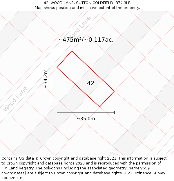 42, WOOD LANE, SUTTON COLDFIELD, B74 3LR: Plot and title map