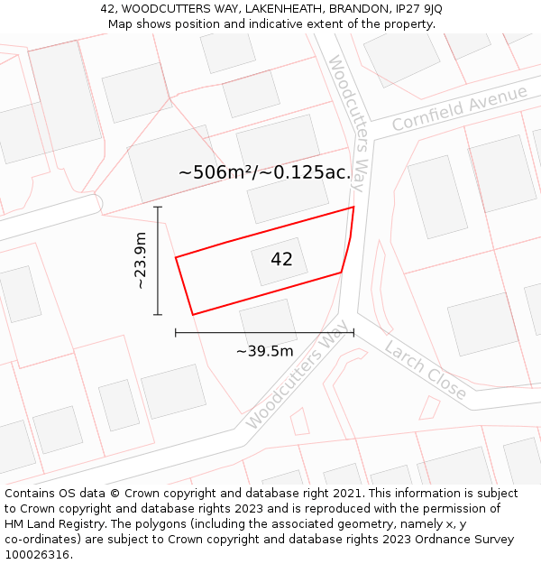 42, WOODCUTTERS WAY, LAKENHEATH, BRANDON, IP27 9JQ: Plot and title map