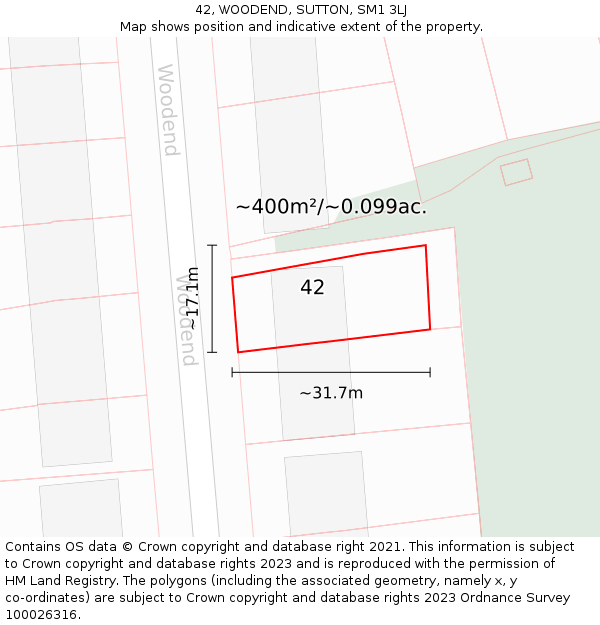 42, WOODEND, SUTTON, SM1 3LJ: Plot and title map