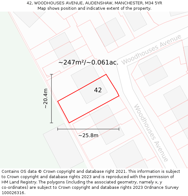 42, WOODHOUSES AVENUE, AUDENSHAW, MANCHESTER, M34 5YR: Plot and title map