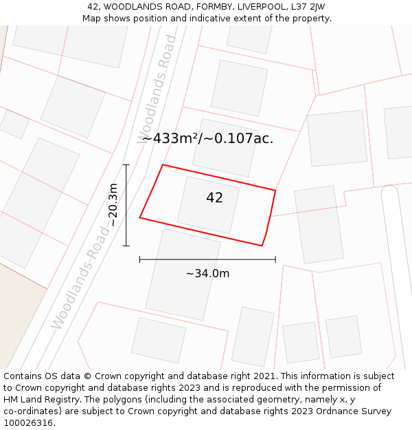 42, WOODLANDS ROAD, FORMBY, LIVERPOOL, L37 2JW: Plot and title map