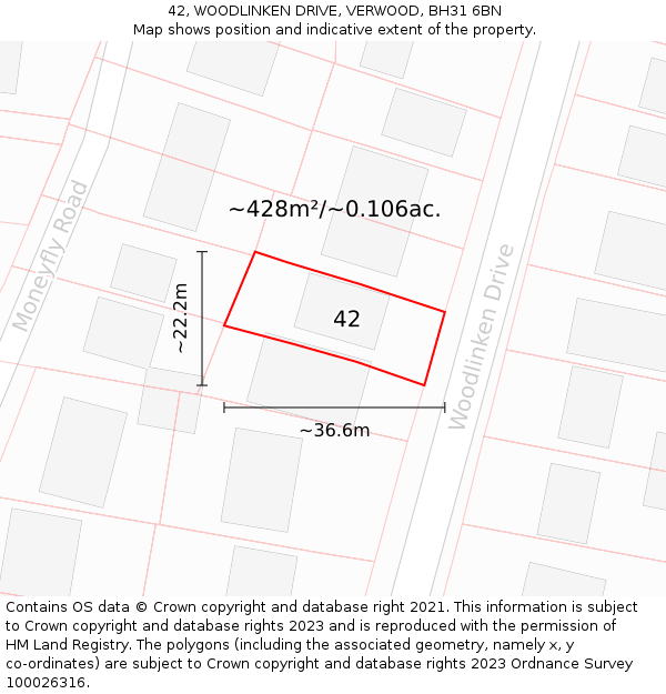 42, WOODLINKEN DRIVE, VERWOOD, BH31 6BN: Plot and title map