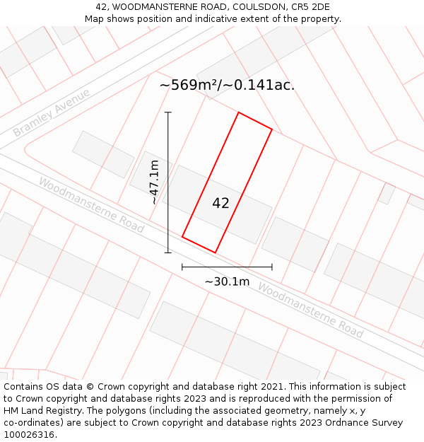 42, WOODMANSTERNE ROAD, COULSDON, CR5 2DE: Plot and title map