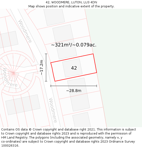 42, WOODMERE, LUTON, LU3 4DN: Plot and title map