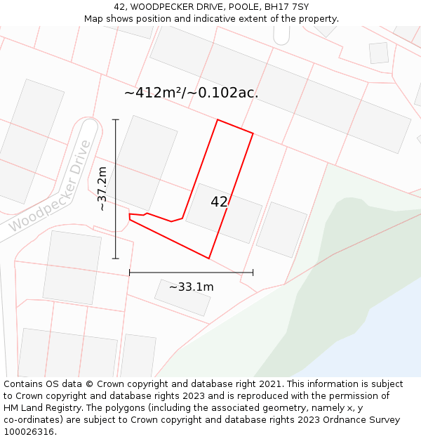 42, WOODPECKER DRIVE, POOLE, BH17 7SY: Plot and title map