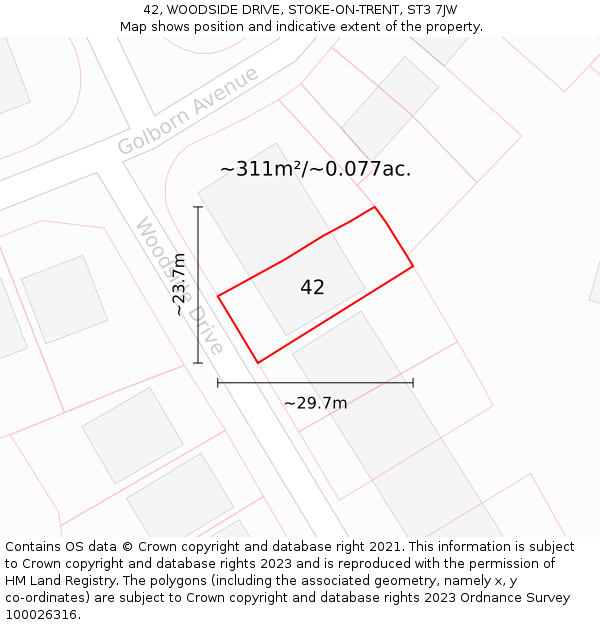 42, WOODSIDE DRIVE, STOKE-ON-TRENT, ST3 7JW: Plot and title map