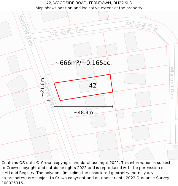 42, WOODSIDE ROAD, FERNDOWN, BH22 9LD: Plot and title map